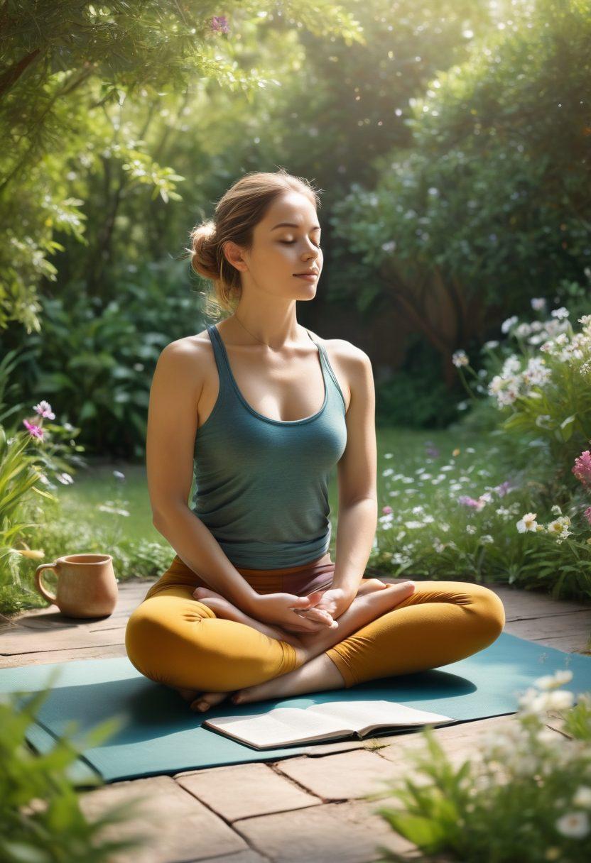 A serene scene depicting a peaceful individual practicing self-care in a beautiful garden, surrounded by blooming flowers and lush greenery. The person is meditating on a yoga mat, with a soft glow of sunlight illuminating their face, reflecting joy and tranquility. Include elements like a steaming cup of herbal tea and an open journal nearby to signify reflection and mindfulness. The atmosphere should evoke calmness and happiness. vibrant colors. super-realistic.