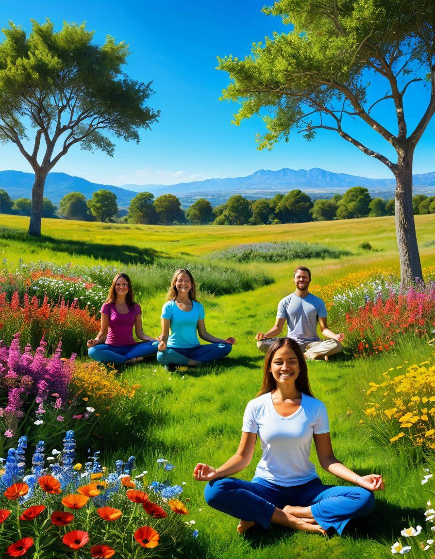 A serene landscape depicting a sunlit meadow filled with vibrant flowers and a clear blue sky, featuring a diverse group of people practicing various happiness techniques like meditation, laughter yoga, and mindfulness. The scene should evoke feelings of joy, connection, and tranquility, with soft sunlight illuminating their smiles. super-realistic. vibrant colors. peaceful atmosphere.