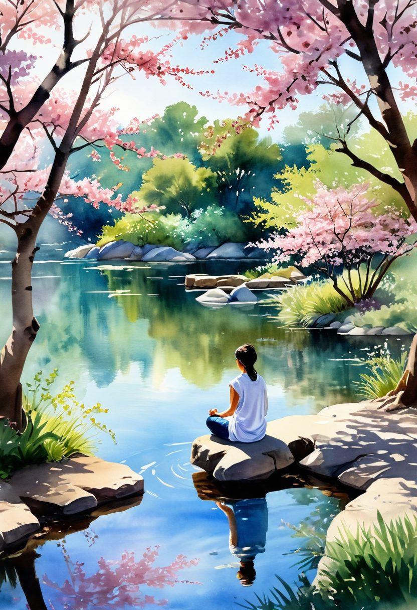 A serene landscape featuring a tranquil zen garden with blooming cherry blossoms and a peaceful pond, where a person meditates under a bright, sunny sky. Gentle rays of sunlight filter through the leaves, reflecting joy and serenity. Incorporate soft, pastel colors to evoke a sense of calm and harmony. watercolor painting. vibrant colors.